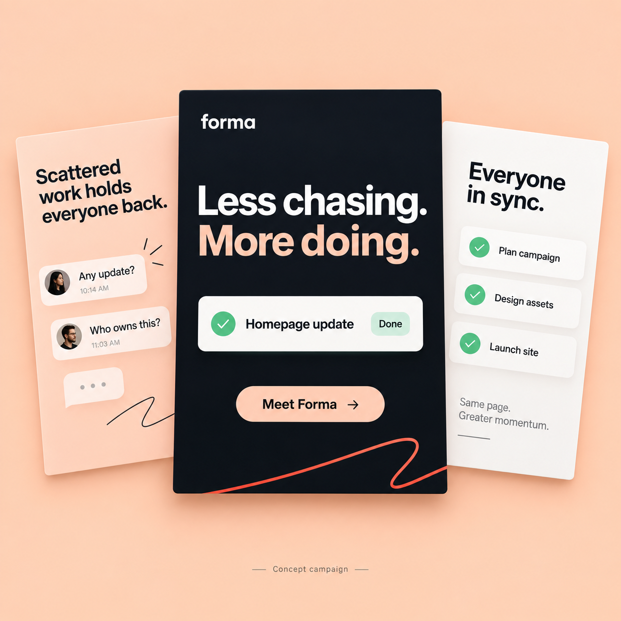 Forma video ad concept showing a three-panel campaign