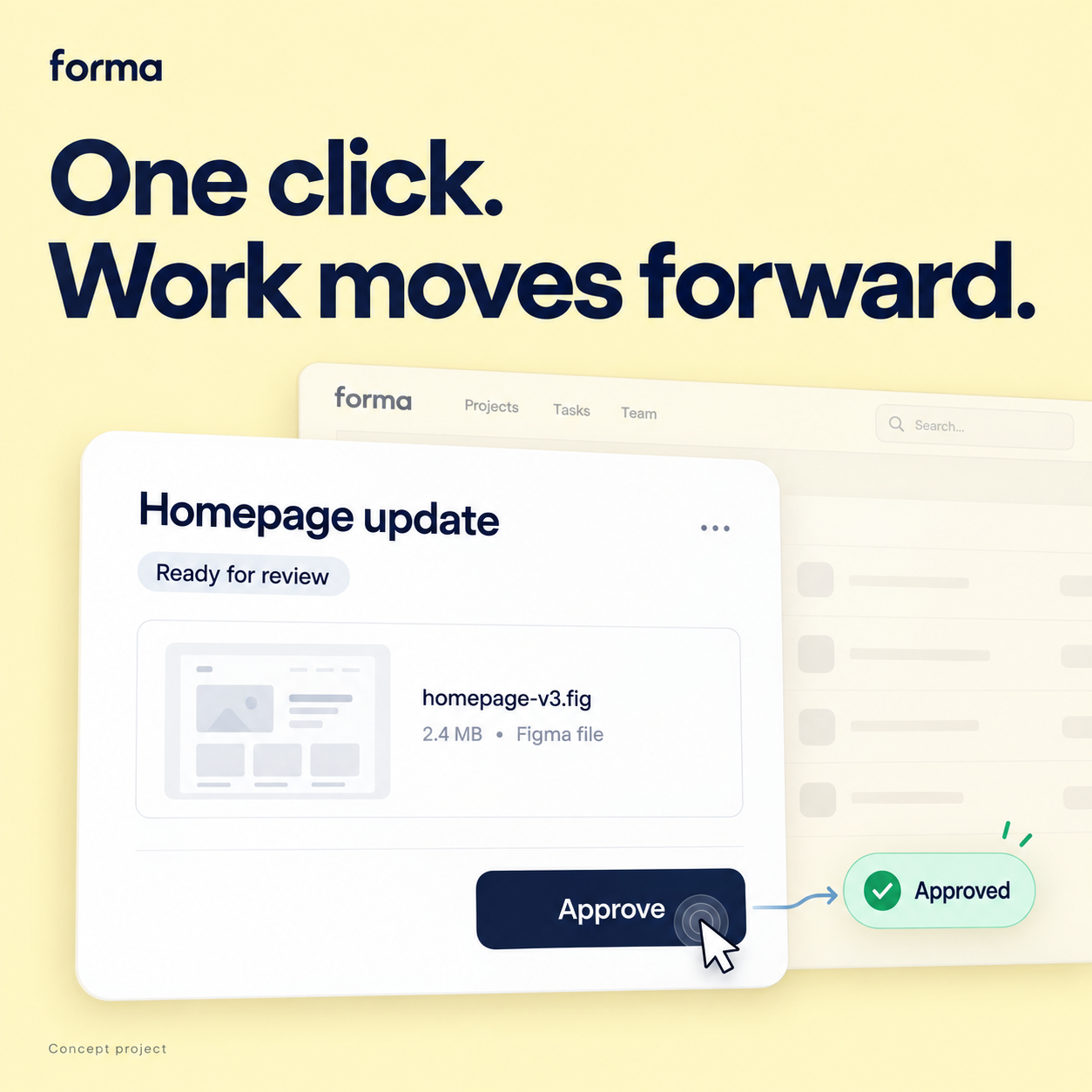 Forma feature spotlight concept showing a one-click approval workflow