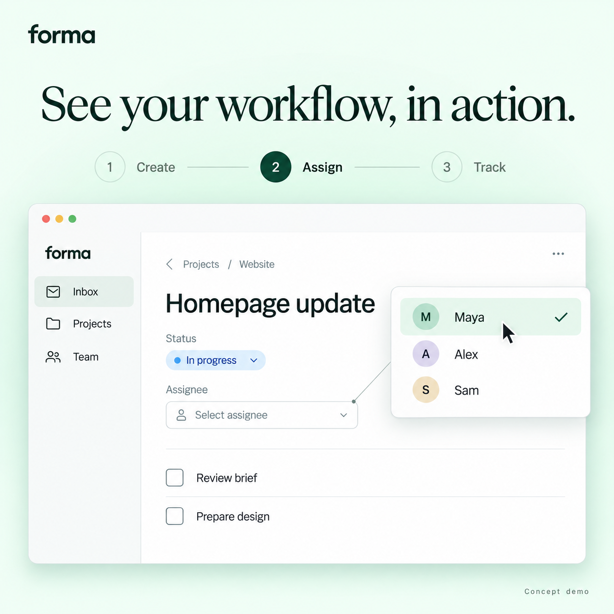 Forma software demo concept showing task assignment in a workflow